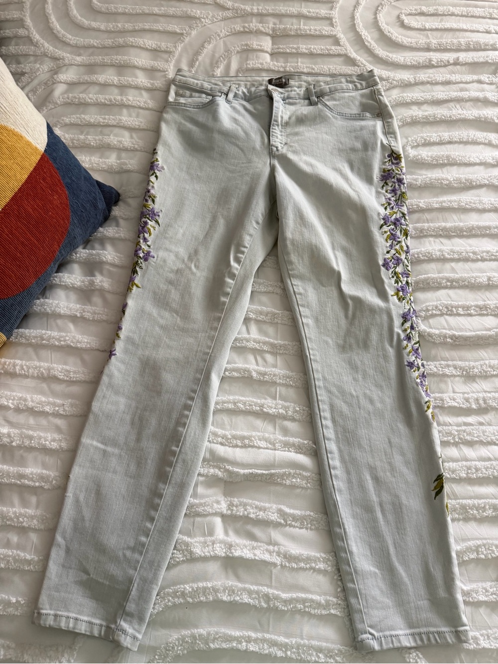 Martha Stewart Light Wash Jeans with Purple Floral Side Embroidery - Picture 1 of 12